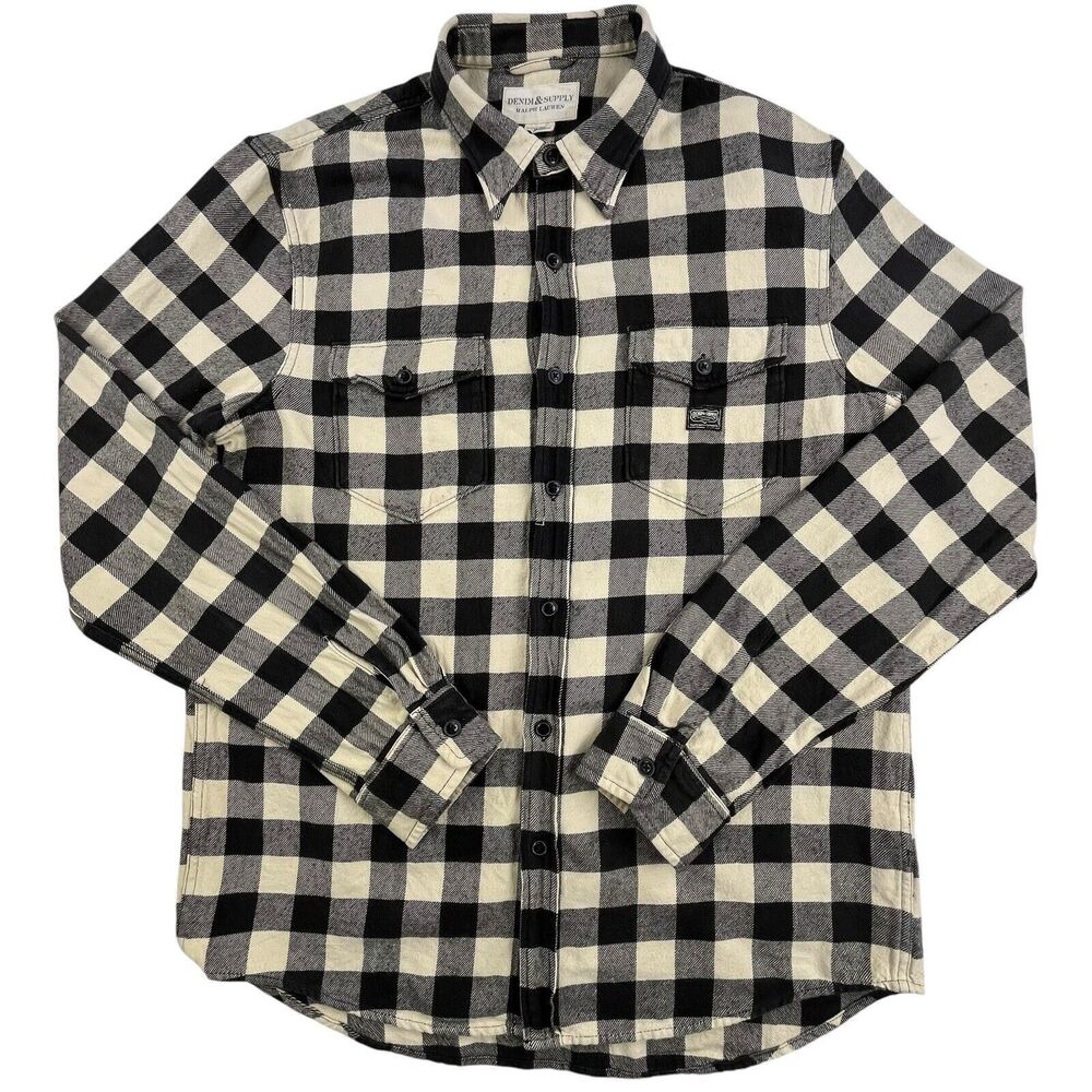 Denim & Supply Ralph Lauren Shirt Mens L Cream Black Buffalo Plaid Button Pocket